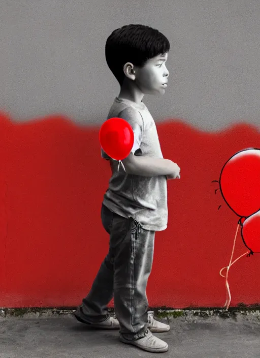 Image similar to a side profile of a boy letting go of a single red balloon on a concrete background in the style of Banksy, graffiti, digital art