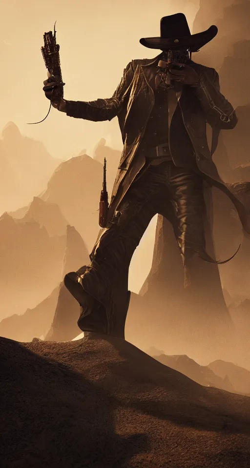 Prompt: the Gunslinger, hyper realistic, octane render, cinematic, golden ratio, curved lines, the dark tower, dramatic lighting shadows, detailed illustration, 8k, intricate details, oil painting