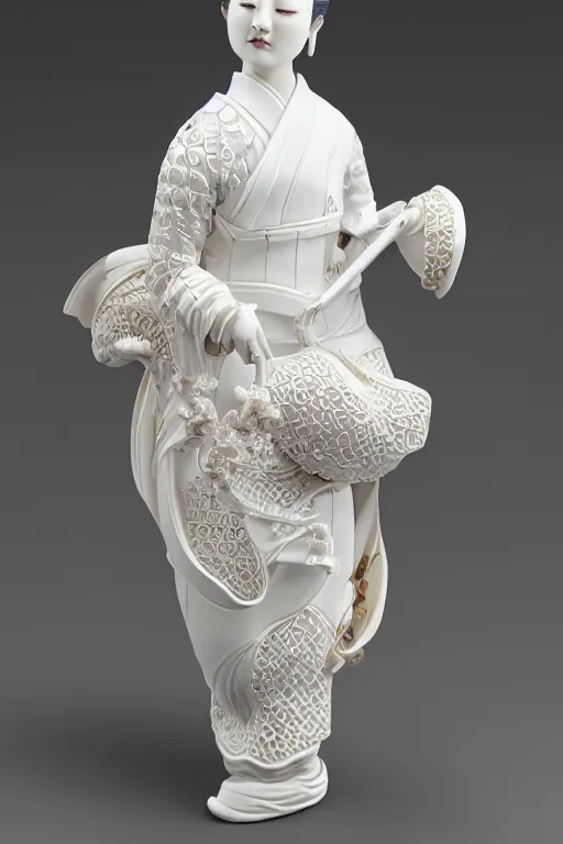 Prompt: a beautiful crafted and rendered porcelain sculpture, japanese, influenced, thast is turning itself inside, rotated, hyperrealistic and high details and minimalistic ornaments