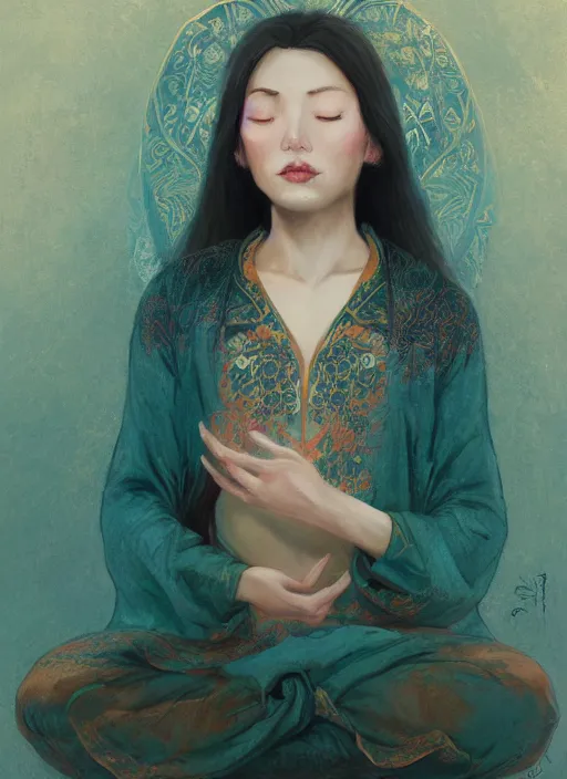 Prompt: girl, asian, frontal, meditating in lotus position, teal suit, intricate, elegant, highly detailed, artstation, sharp focus, illustration, ruan jia, mandy jurgens, rutkowski, mucha