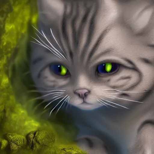 Image similar to rescue from the underworld, shadows of the past, chubby moss kitten, by jeff easley and Dylan Kowalski, highly detailed, digital painting, HDRI, by vivid colors, high contrast, 8k resolution, intricate, photorealistic, smooth