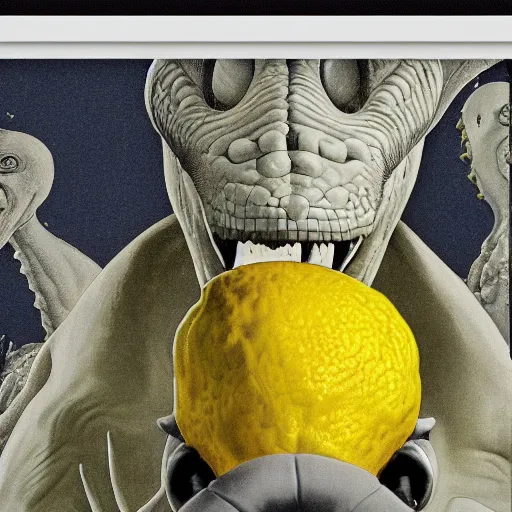 Image similar to lemon - headed dinosaur man happy, ultra detailed, style of norman rockwell, style of richard corben, 4 k, rule of thirds.