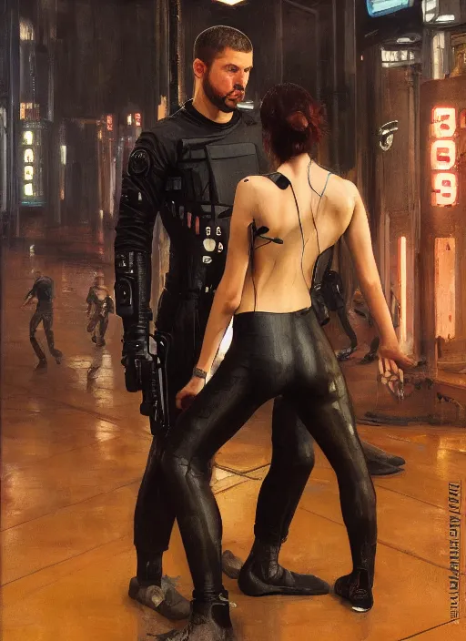 Image similar to selina kyle teaching self defense. cyberpunk mercenary in a cyberpunk jumpsuit ( blade runner 2 0 4 9, cyberpunk 2 0 7 7 ). orientalist portrait by john william waterhouse and james gurney and theodore ralli and nasreddine dinet, oil on canvas. cinematic, hyper realism, realistic proportions, dramatic lighting, high detail 4 k