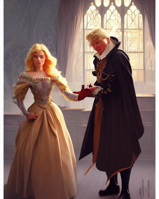 Prompt: Portrait of a  blonde lady and Michael mcintyre in Dogtanian,real life skin, intricate, elegant, highly detailed, artstation, concept art, smooth, sharp focus, art by artgerm and greg rutkowski and alphonse mucha