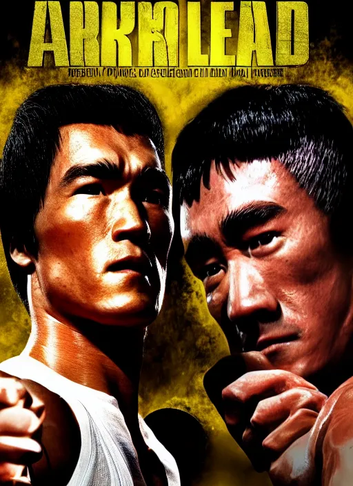 Image similar to Film poster Arnold Schwarzenegger VS Bruce lee , faces look at each other, detailed and realistic, 4k, filmic render