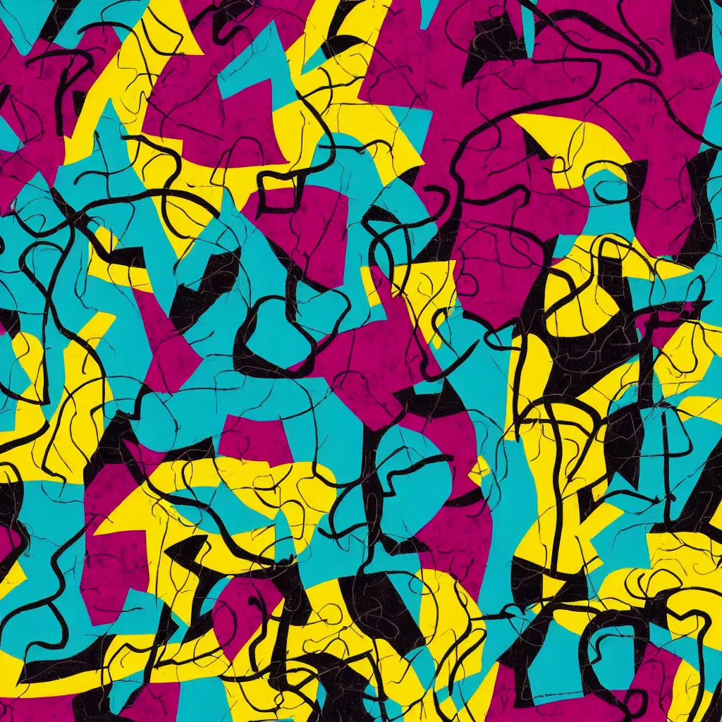 Prompt: abstract pattern. vines and veins. cyan, magenta, yellow, black. in the style of heade and basquiat.