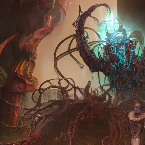 Image similar to phyrexian dreadnought plus borg queen hybrid with protomolecule vesicles being possessed by the machine spirit artists tram pararam and doctor seuss with beryl cook and hr giger neon high contrast cinematic light, mystical shadows, sharp focus, warhammer fourty k, octane render