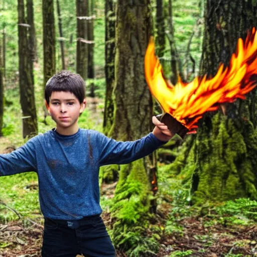 Image similar to A Boy with Fire power in the forest