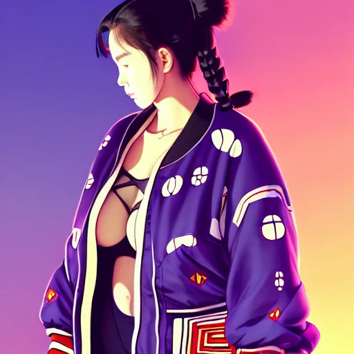 Image similar to a beautiful plus sized model japanese natalie portman, alluring, wearing oversized mayan bomber jacket and leotard with overalls, bulky poofy bomber jacket with mayan patterns, aztec street fashion, gapmoe yandere grimdark, trending on pixiv fanbox, painted by greg rutkowski makoto shinkai takashi takeuchi studio ghibli, akihiko yoshida