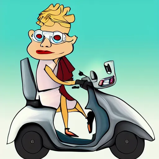 Image similar to artwork of kitboga as edna driving a scooter