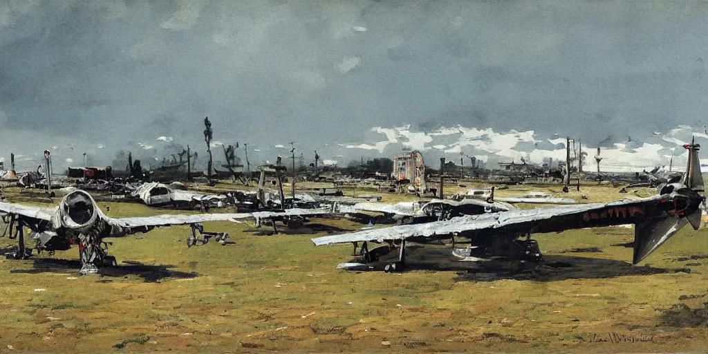 Prompt: wet - in - wet painting of an airplane graveyard by winslow homer