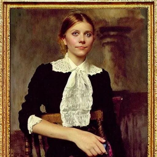 Prompt: Young gwyneth paltrow in a victorian blouse, vintage shading, by Ilya Repin