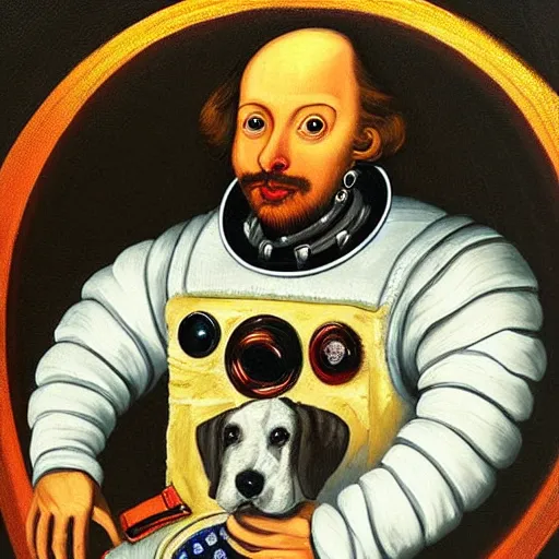 Image similar to a beautiful painting, dog in a space suite, by william shakespeare, long shot