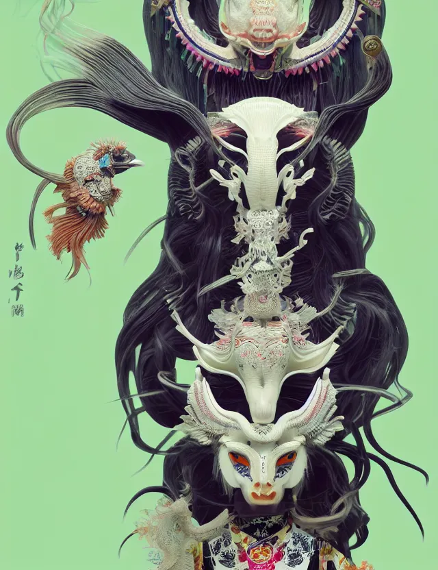 Prompt: 3 d slvic goddess half - turn portrait with long hair with ram skull. beautiful intricately detailed japanese crow kitsune mask and clasical japanese kimono. betta fish, jellyfish phoenix, bio luminescent, plasma, ice, water, wind, creature, artwork by tooth wu and wlop and beeple and greg rutkowski