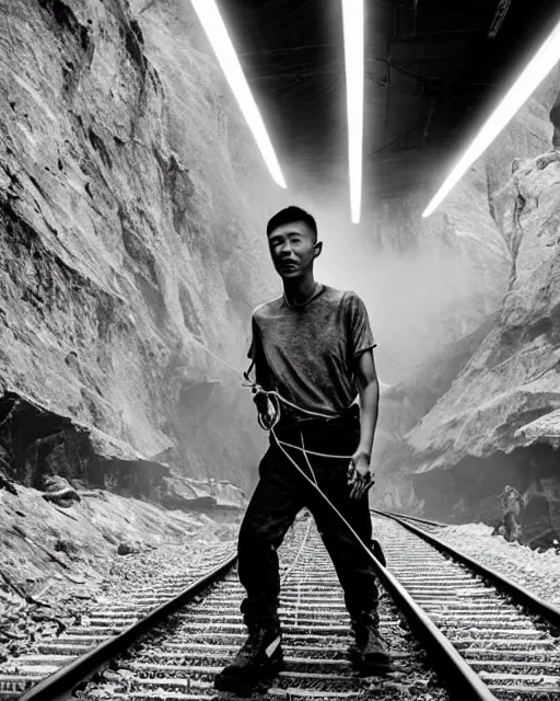 Image similar to justin sun tied with rope to train tracks, beautiful cinematic lighting, epic composition, train headlight