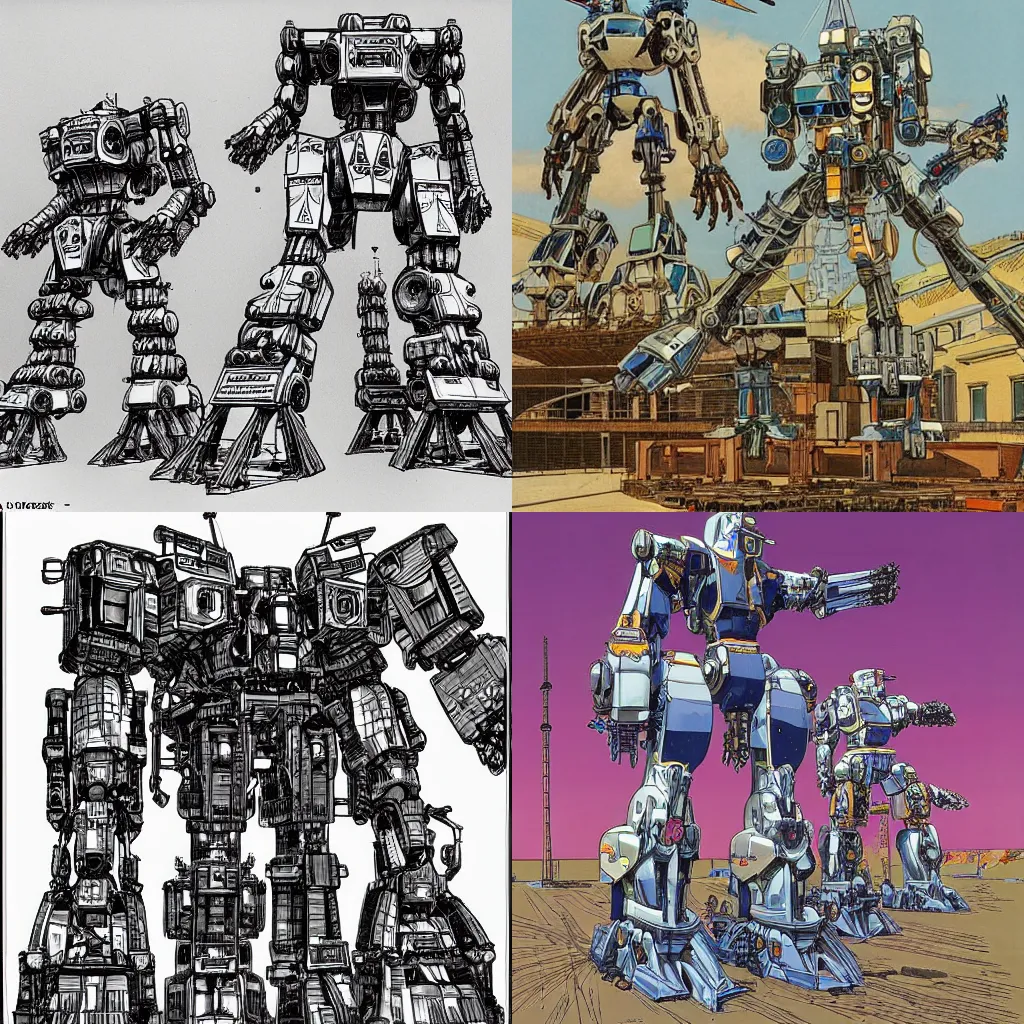 Prompt: engineers building a giant mecha art by Moebius