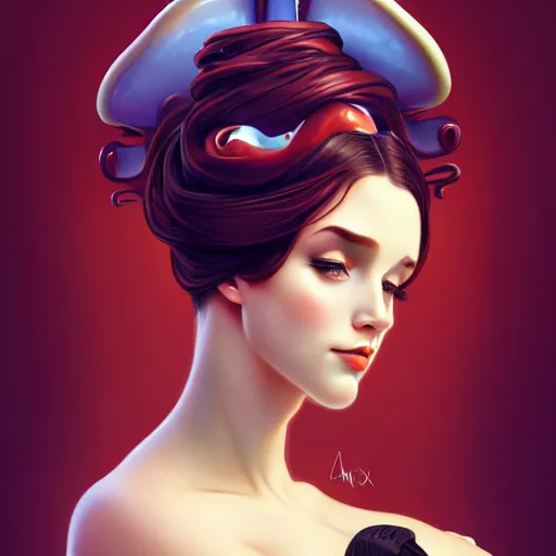 Image similar to curvy woman with a bundt cake head, digital art, cinematic, concept art, 8k, painting, imaginefx, cgsociety, art nouveau, Alphonse Mucha, trending on artstation, medium shot, head shot