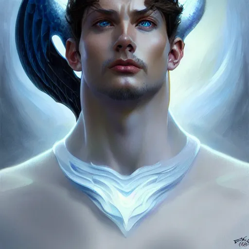 Prompt: Portrait of male fallen angel, D&D, blue eyes, face, fantasy, intricate, elegant, highly detailed, digital painting, artstation, concept art, smooth, sharp focus, illustration, art by artgerm and greg rutkowski and alphonse mucha