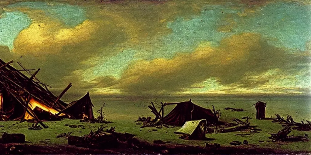 Prompt: remains of an abandoned camp of franklin ’ s lost expedition on an desolate arctic island, romanticist oil painting