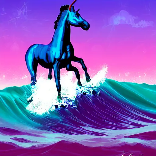 Prompt: a synthwave unicorn surfing in hawaii, digital art