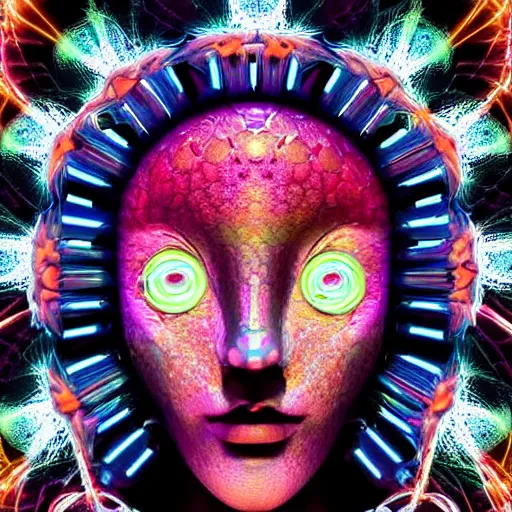 Prompt: Face of a Alien Deity, centered, corals, plume made of geometry, extremly detailed digital painting, sharp focus in the style of android jones, artwork of a futuristic artificial intelligence superstar with frames made of detailed circuits, mystical colors, rim light, beautiful lighting, 8k, stunning scene, raytracing, octane, under water visual distortion, dark tones colors, trending on artstation