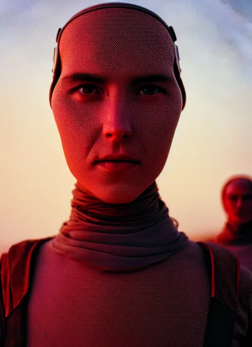 Prompt: cinestill 5 0 d candid photographic portrait by steve mccurry of loving female androids wearing rugged black mesh techwear on a desolate plain with a red sky, extreme closeup, modern cyberpunk, dust storm, 8 k, hd, high resolution, 3 5 mm, f / 3 2, ultra realistic faces, ex machina