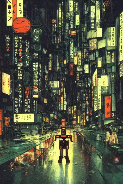 Prompt: vintage autochrome photo of ancient overgrown cyberpunk tokyo with robot by syd mead, night, rain, flowers, beautifully lit, hyperdetailed, unreal engine, photorealistic