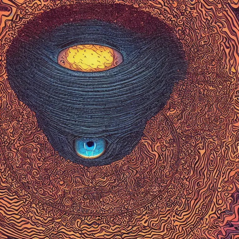 Prompt: an illustration of a giant eye surrounded by many strange things, a comic book panel by jean giraud moebius, behance, psychedelic art, salvia, tesseract, lovecraftian, cosmic horror