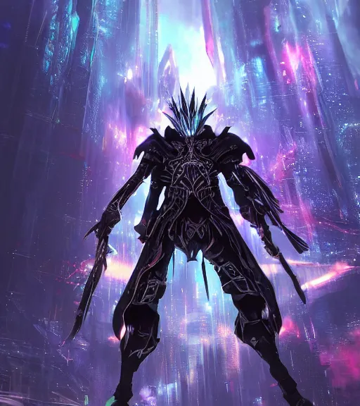 Prompt: 2. 5 d cgi anime fantasy artwork, hooded intricate cybernetic sorcerer powerful character, omnipotent hq glistening beautiful colors, rich moody atmosphere, reflections specular highlights, megastructure realistic detailed background, brandishing iridescent cosmic weapons, colourful 3 d crystals, dark ominous jagged sharp steel gritty armor, makoto shinkai greg rutkowski matte portrait animation