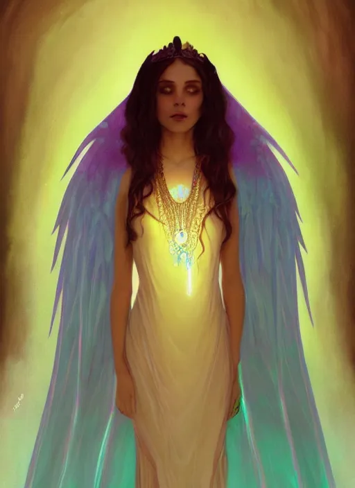 Image similar to ombre velvet gown, beautiful elegant bwoman with glowing wings, portrait, neon outline, long hair, tiara, dozens of jeweled necklaces, by greg rutkowski, brom, anato finnstark, alphonse mucha