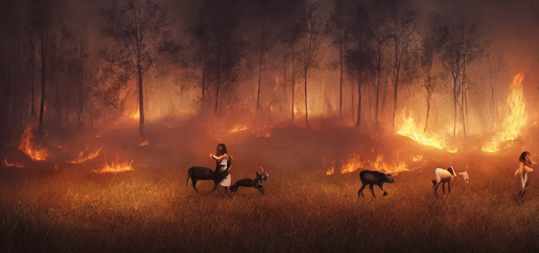 Image similar to full portrait of a young woman and farm animals running from a forest fire, smoke, flames, dark, gloomy, horror, screaming, a small farm is burning in the distance, insanely detailed, photorealistic, cinematic, dramatic lighting,