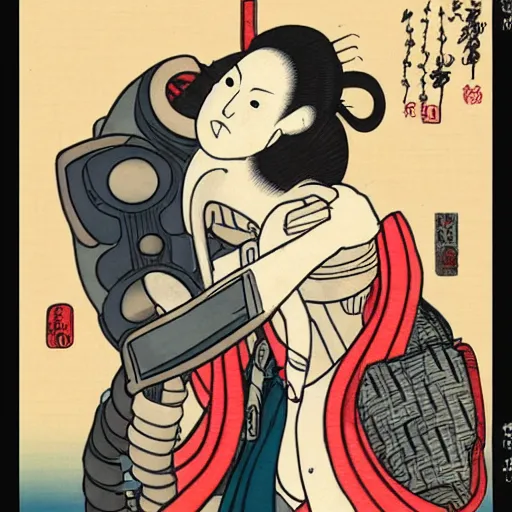 Image similar to a robot and a zombie hugging, shunga style, ukiyo - e art, artstation