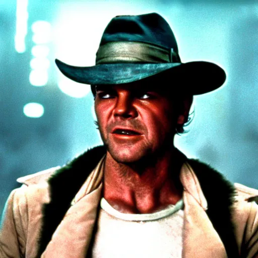 Image similar to young Jack Nicholson as Rick Deckard on blade runner 1982, slightly smiling, wide angle lens, movie still, in color, movie frame, detailed face, symmetrical face, 4k