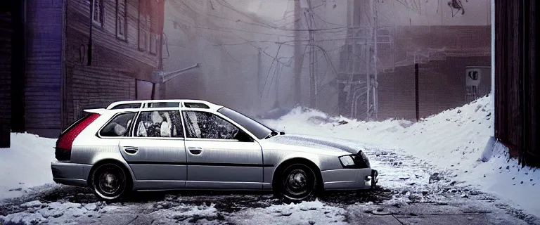 Image similar to Audi A4 B6 Avant (2002), a gritty neo-noir, dramatic lighting, cinematic, eerie person, death, homicide, homicide in the snow, viscera splattered, gunshots, bullet holes, establishing shot, extremely high detail, photorealistic, arson, cinematic lighting, artstation, by simon stalenhag, Max Payne (PC) (2001) winter New York at night, In the style of Max Payne 1 graphic novel, flashing lights, Poets of the Fall - Late Goodbye