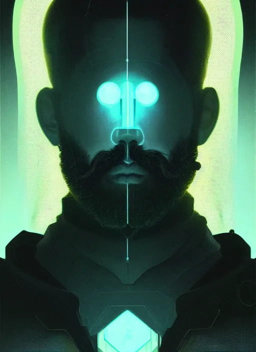 Image similar to symmetry!! 1 3 mm film portrait of bearded man, sci - fi -, cyberpunk, blade runner, glowing lights, tech, biotech, techwear!! intricate, elegant, highly detailed, digital painting, artstation, concept art, smooth, sharp focus, illustration, art by artgerm and greg rutkowski and alphonse mucha, grain, old photograph