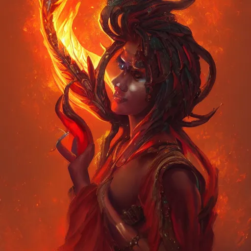 Image similar to A stunning painting of a flame goddess by Andrews Esao, fantasy, Trending on artstation.