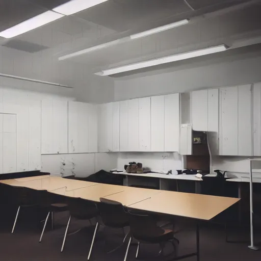 Prompt: noisy color photograph of a break room, laboratory, dark corners, minimalist, cinematic, soft vintage glow