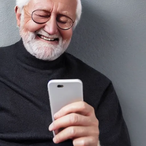 Image similar to hide the pain harold internet meme looking down and holding a phone in his hands, smiling, stock photo, professional lighting, detailed, artstation