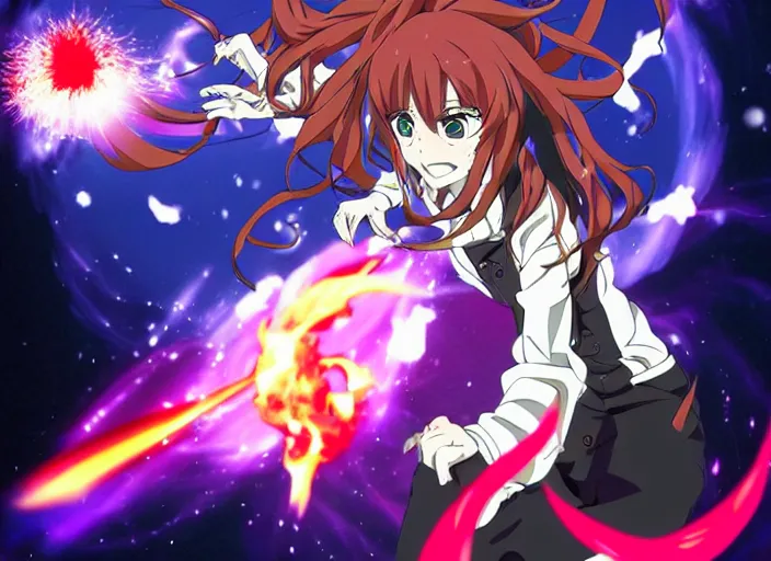 Prompt: in the style of Madhouse anime, girl shooting fireballs, at a dragon, battle pose, perfect hands