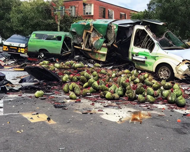 Image similar to photo of an avocado truck accident that overturned and spilled tons of avocados on the floor that people are picking up