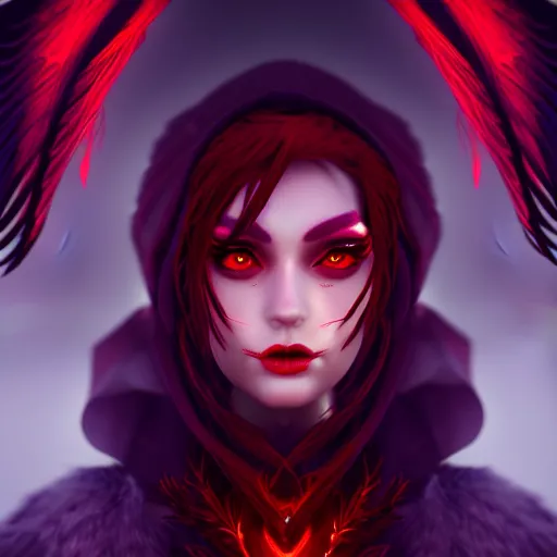 Prompt: beautiful female mage with red hair, black clothing, dark feathered wings, intricate, highly detailed face, trending on artstation, dramatic lighting, 4 k