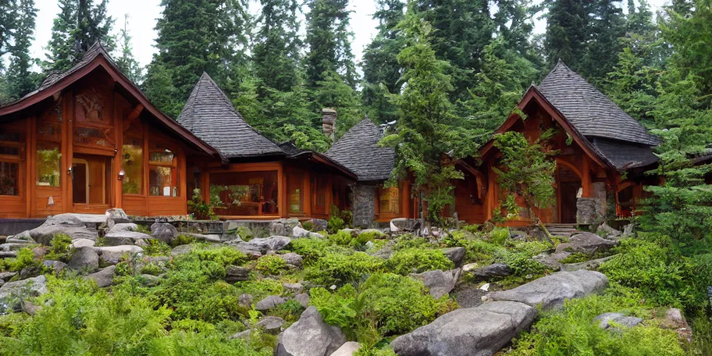 Image similar to residence in the style of rivendell, cascadian