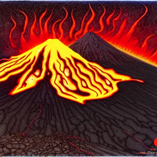 Image similar to poutine ( the canadian meal ) from ngauruhoe ( mount doom ), lava texture, char texture, volcano texture, fire texture, by alan lee, by john howe
