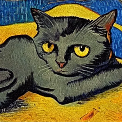 Image similar to black cat with one eye stealing pancakes oil painting by vincent van gogh
