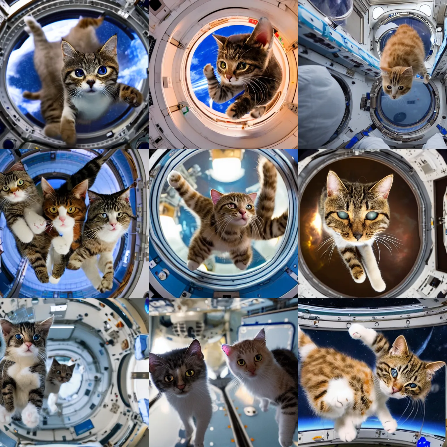 Prompt: Photo of cats floating inside the International Space Station in zero gravity, highly-detailed 4K award-winning cinematic epic