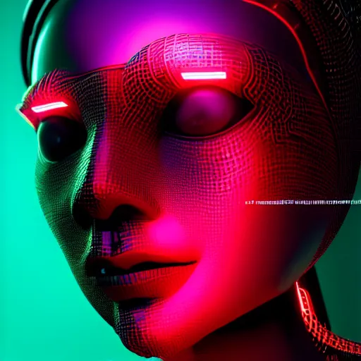 Prompt: portrait of an absurdly beautiful, graceful, sophisticated, fashionable asian cyberpunk mechanoid gravure idol, hyperdetailed illustration by irakli nadar, adut akech, matt wisniewski style, intricate linework, dark black porcelain skin, jellyfish headdress, unreal engine 5 highly rendered, global illumination, neon red light, detailed and intricate environment