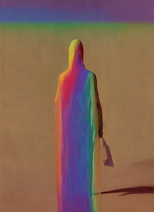 Prompt: colorful rainbow woman in a translucent clothing made from plastic bag with paper bags for clothes standing inside paper bags with paper bag over the head at store display, highly detailed, artstation, art by paul lehr, edward hopper, zdislav beksinski, wayne barlowe