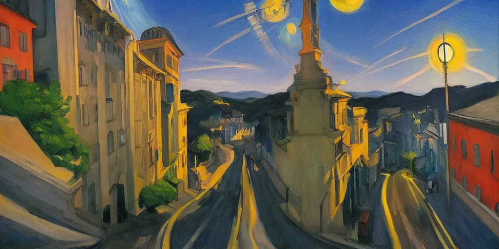 Prompt: street art. paralyzed by the indescribable beauty of the cosmos. amazing view of the electric trail from city of sintra. art style by edward hopper daring, incredible