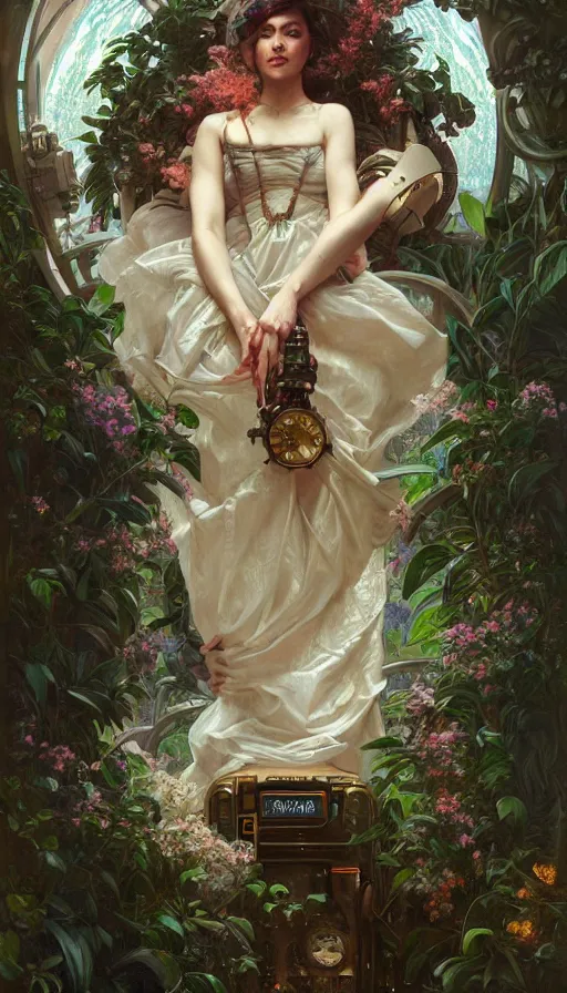 Image similar to hyper realistic time machine schematics, cyberpunk, design on white background, beautiful details, lush foliage, drawn by john singer sargent, tom bagshaw, norman rockwell, alphonso mucha, lolish, trending on artstation