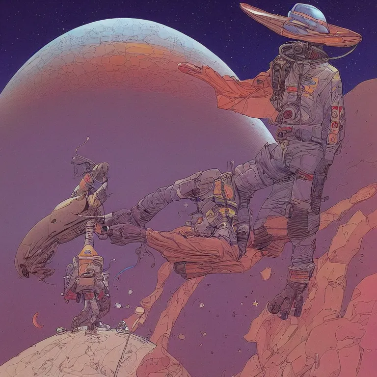 Prompt: moebius, Jean Giraud, spacestation, epic, artstation